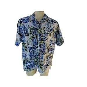 Vintage K2 Surf Mens Hawaiian Shirt L Blue White Marlin Fish Block Print Cotton